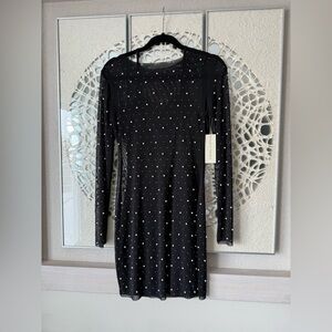 Black Long-Sleeve Embellished Mesh Dress